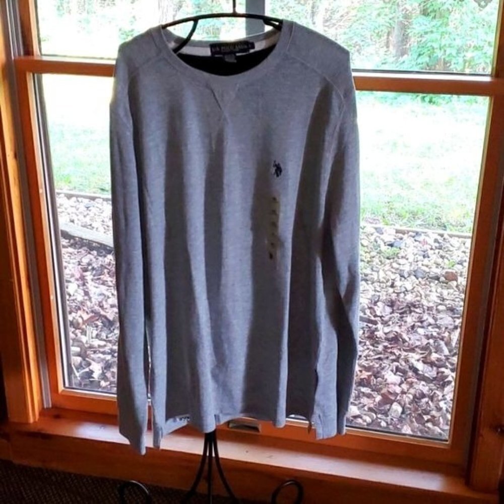 US Polo Assn Mens XL Heather Gray Waffle Knit Thermal Long Sleeve Shirt Crewneck